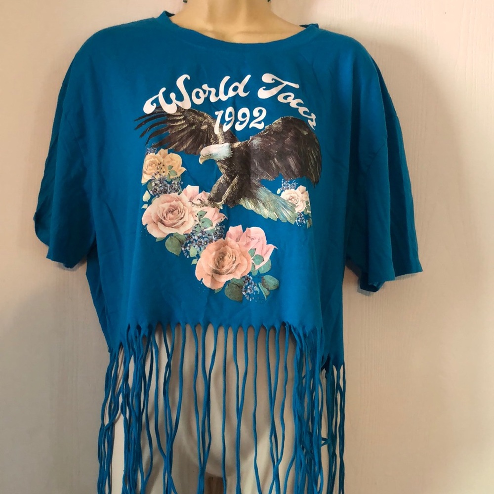 Hippie Teal Y2k spring world tour inspired culture Graphic Fringe Top